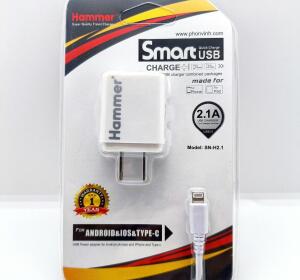 BỘ SẠC LIGHTNING - HAMMER SN-H2.1 CHÍNH HÃNG (1 CỔNG USB 2.1A, 1M)