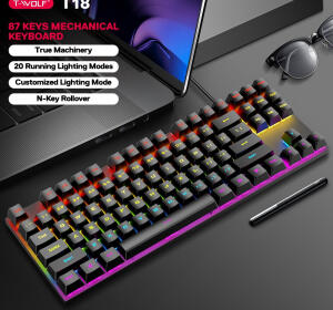 KEYBOARD T-WOLF T18 BLACK CHÍNH HÃNG (PHÍM CƠ, 87 KEY, BLUE SWITCH, 12 CHẾ ĐỘ LED)