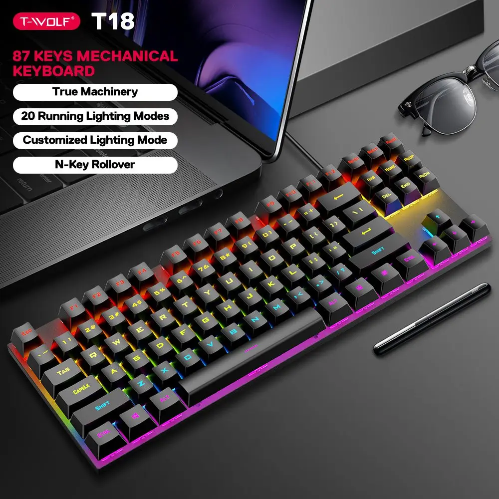 KEYBOARD T-WOLF T18 BLACK CHÍNH HÃNG (PHÍM CƠ, 87 KEY, BLUE SWITCH, 12 CHẾ ĐỘ LED)